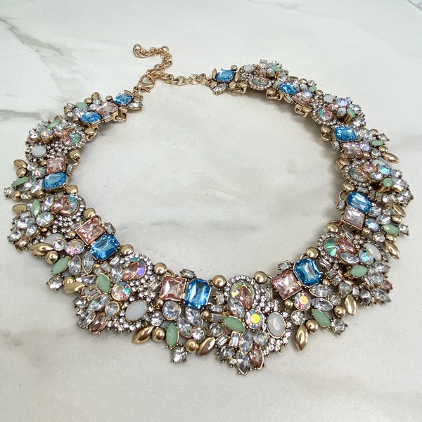 Collier avec strass bleu pastel, menthe et or || Collier Bijou Femme