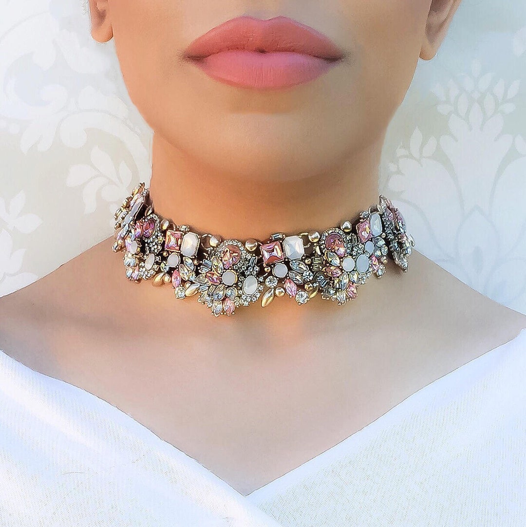 Pink Rhinestone Choker Pink Rhinestone Choker Necklace | Antique Gold Statement Jewellery - Etsy