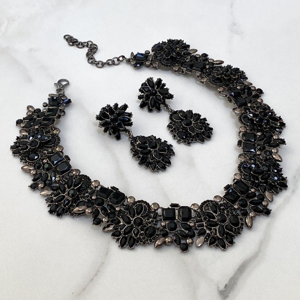 Parure de bijoux collier et boucles d'oreilles en strass noirs || Bijoux en strass | Bijoux cadeaux pour elle