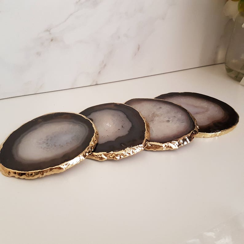 Agate Crystal Coasters with Gold Glided Edge Crystal Coasters Homeware & Gifts Black Agate crystal Home Office Decor Accessories image 6