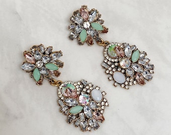 Pastel Mint Gold Long Statement Earrings || Ladies Statement Jewellery || Mint and Gold Statement Earrings || Wedding Jewellery