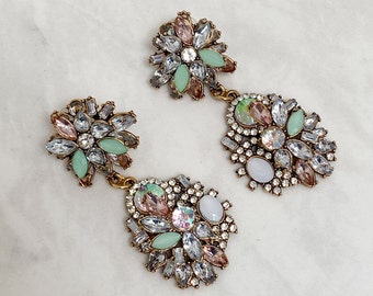 Mint Green Rhinestone Statement Earrings | Antique Gold