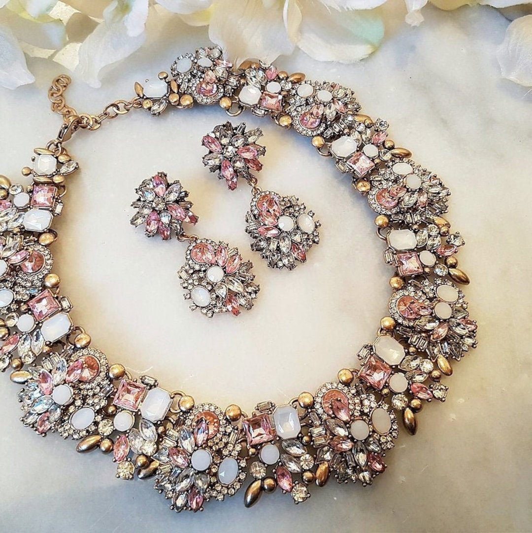 Boho Crystal Wedding Statement Necklace & Earrings Set — Gold Floral Rhinestone Bib Necklace For Women