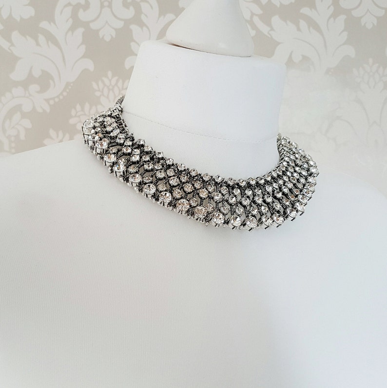 Silver Rhinestone Statement Necklace Ladies Elegant Bib Necklace Gifts for Her Silver Diamante Big Necklace image 3
