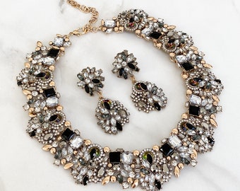 Parure collier et boucles d'oreilles en strass noirs et dorés || Bijoux en strass | Bijoux cadeaux pour elle