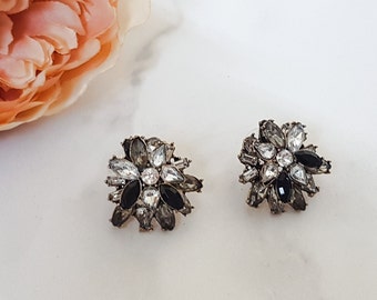 Black & Gold Statement Stud Earrings || Women's Black Stud Earrings || Bridal Jewellery || Black Tie Rhinestone Fancy Earrings