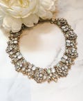 White Rhinestone Bib Necklace | Antique Gold Statement Jewelry