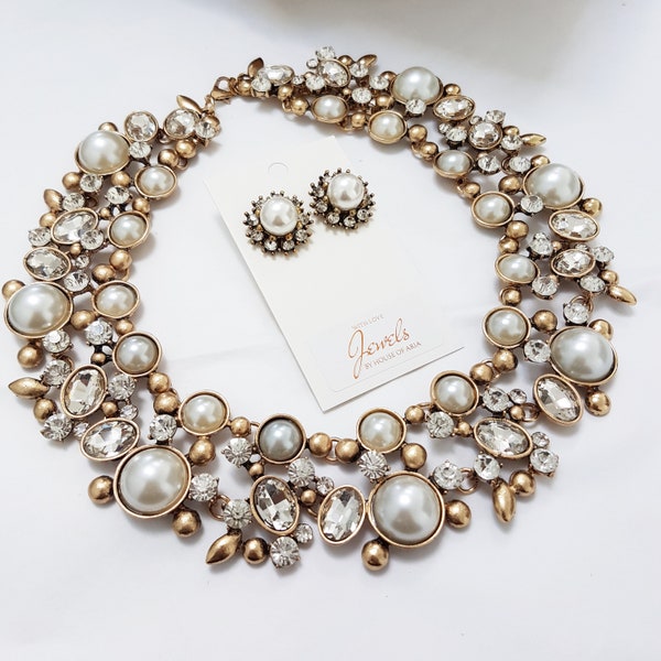 Ensemble collier et boucles d'oreilles pour femme en perles et or || Parure de bijoux || Bijoux en perles pour des occasions spéciales