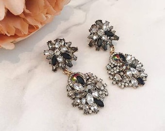 Black & Gold Rhinestone Drop Earrings || Statement Earrings || Statement Jewellery