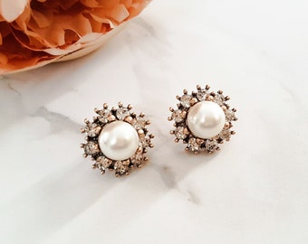 Statement Pearl Stud Earrings | Gold, Pearls, Rhinestones | Bridal Stud Earrings | Gifts For Her