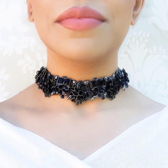 Black Rhinestone Choker Necklace Embellished Statement Choker