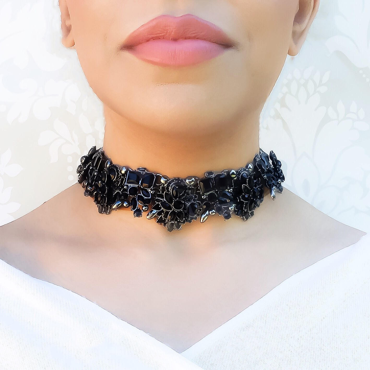 Jet Black Rhinestone Zig Zag Statement Choker Necklace