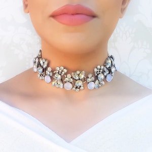 White & Gold Statement Choker Necklace | Rhinestone Choker Necklace | Women's Evening Jewellery