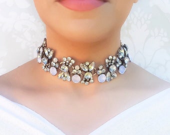 White & Gold Statement Choker Necklace | Rhinestone Choker Necklace | Women's Evening Jewellery