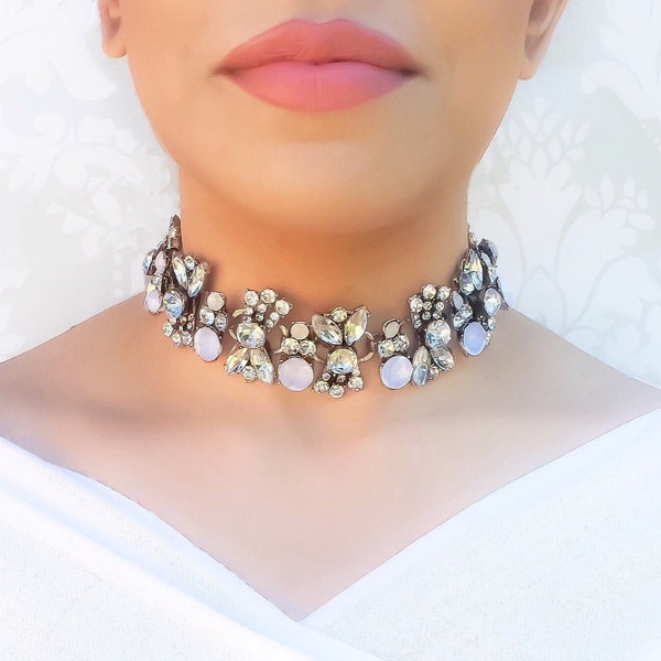 White & Gold Statement Choker Necklace | Rhinestone Choker Necklace | Women's Evening Jewellery