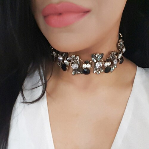 Black Rhinestone Choker Necklace Embellished Statement Etsy