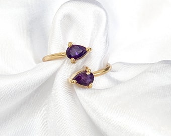 Anello in oro con cristallo di ametista / Anello in oro 18k regolabile con pietra preziosa viola / Gioielli con pietre preziose da donna