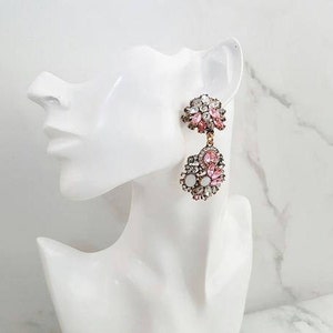 Pink & Gold Jewel Earrings Statement Earrings Ladies Rhinestone Earrings Baby Pink Statement Earrings for Her image 2