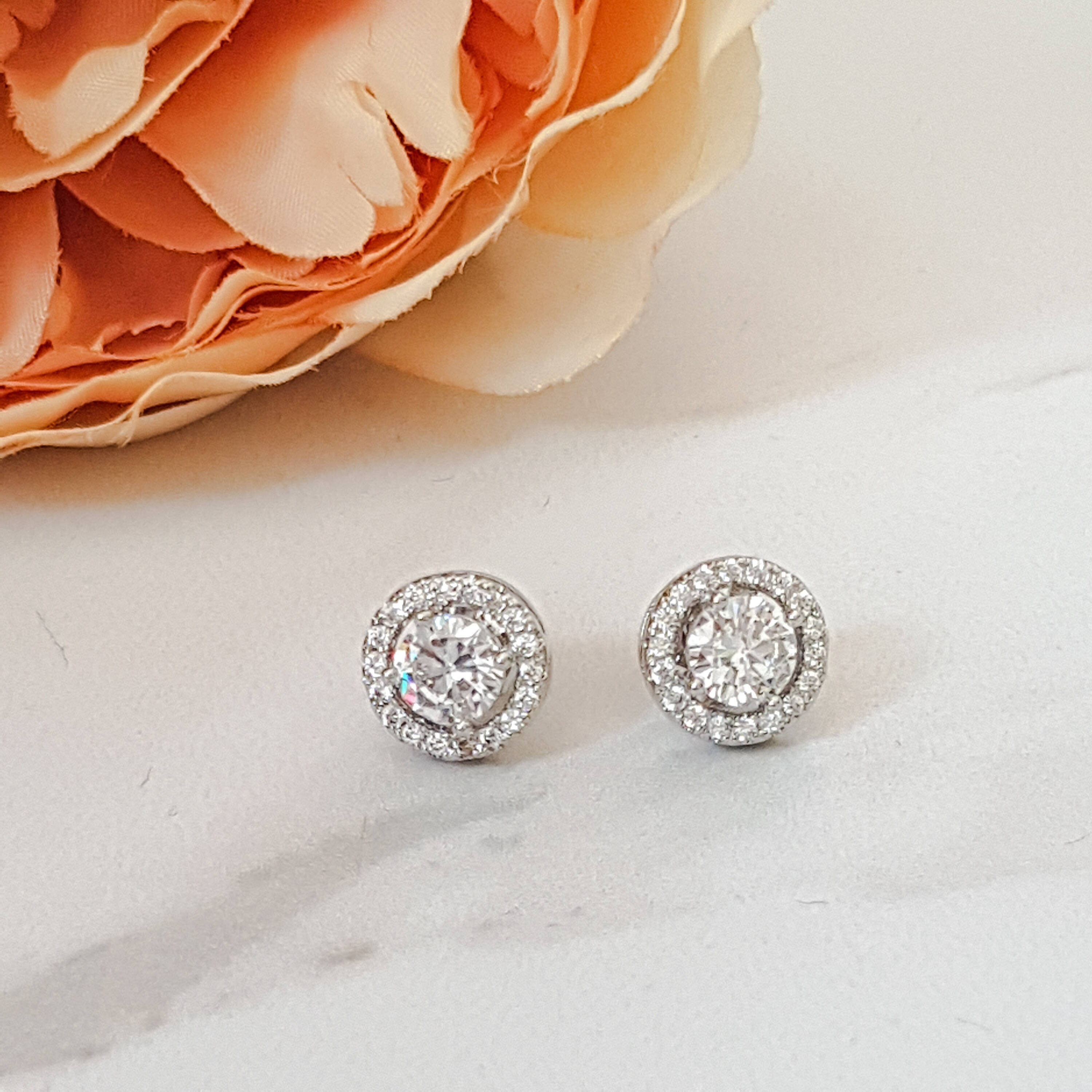 Halo Cubic Zirconia Crystal Stud Earrings in Rose Gold Gold & - Etsy UK