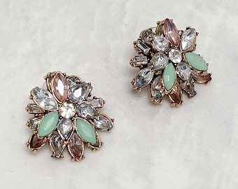 Ladies Pastel Stud Earrings | Mint Green Jewel Earrings For Her | Rhinestone Stud Earrings | Pastel Petal Earrings for Her & Gifts