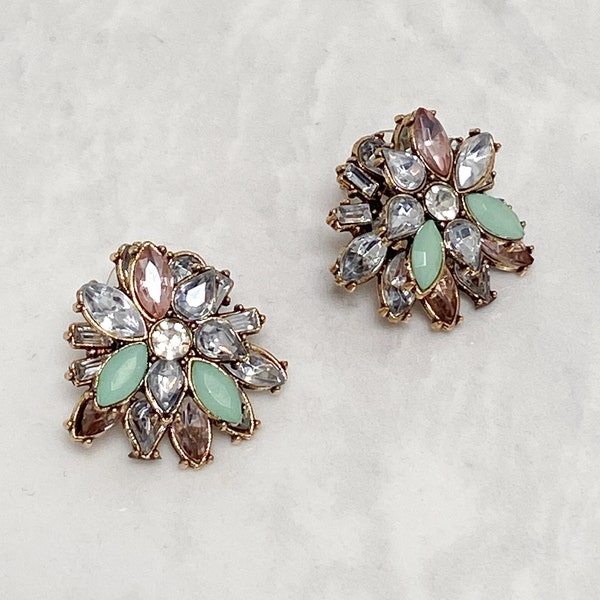 Ladies Pastel Stud Earrings | Mint Green Jewel Earrings For Her | Rhinestone Stud Earrings | Pastel Petal Earrings for Her & Gifts