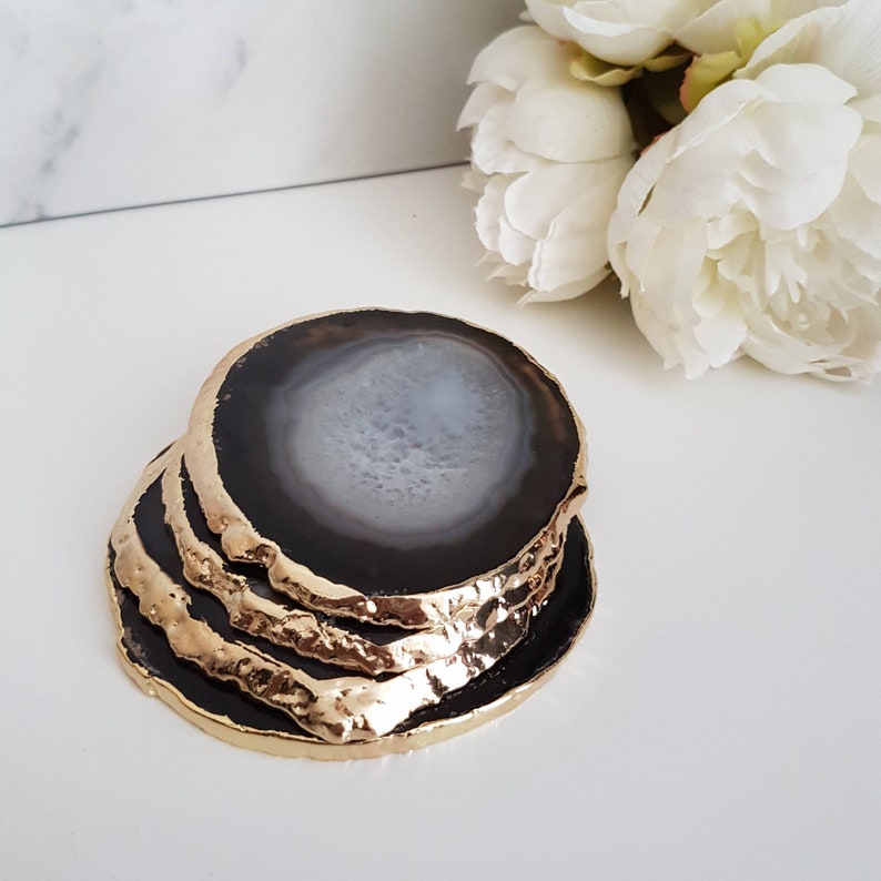 Agate Crystal Coasters with Gold Glided Edge Crystal Coasters Homeware & Gifts Black Agate crystal Home Office Decor Accessories image 1