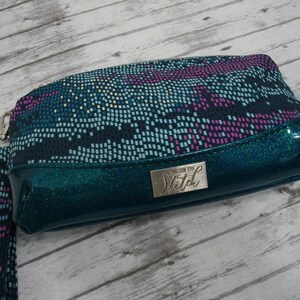 Pixels on Teal Wristlet / Glitter Wristlet / 80's Disco Wristlet image 1