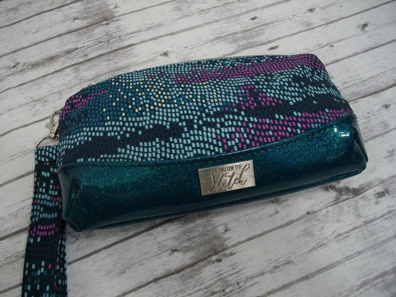 Pixels on Teal Wristlet / Glitter Wristlet / 80's Disco Wristlet image 1