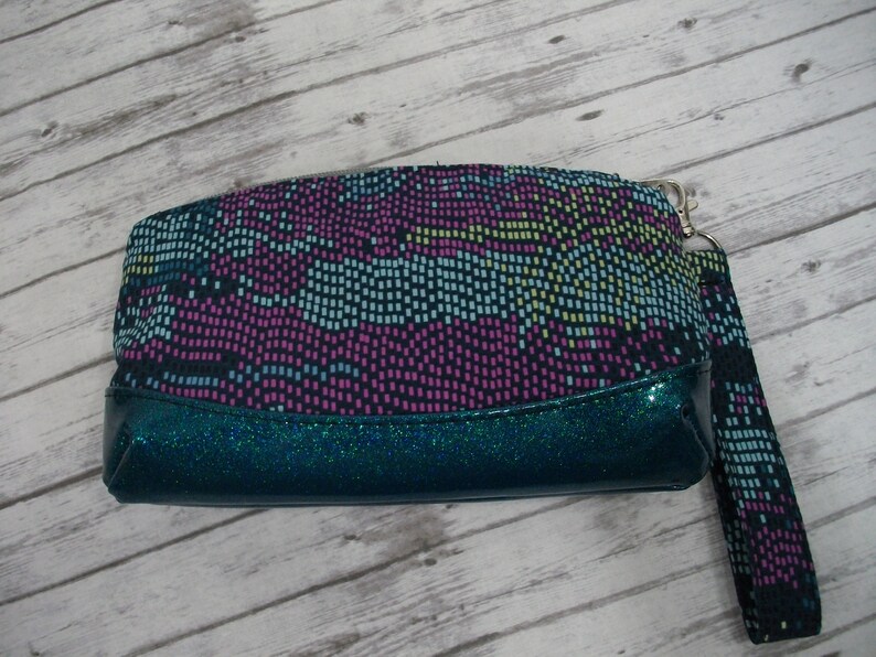 Pixels on Teal Wristlet / Glitter Wristlet / 80's Disco Wristlet image 2