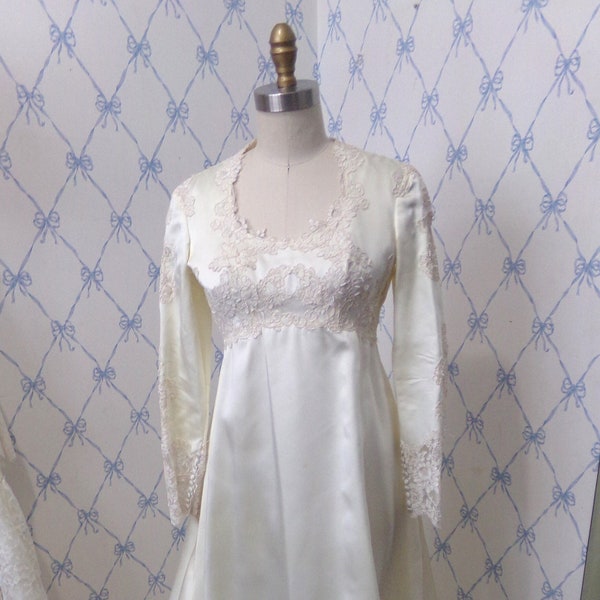 Vintage 1970s wedding gown bridal dress ivory satin long sleeves Alencon lace cathedral train scoop neckline high back empire waist