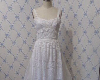 Vintage upcycled 1970s Emma Domb gown dress natural waist full length straps sweetheart neck Venice lace trim sz 4-8