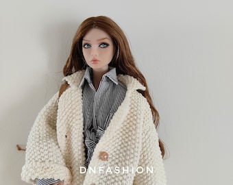 Clothes Outfit for 12 Inch Dolls ~such as Poppy Parker, Fashion Royalty, Integrity Toys, etc~ Doll Fashion~ Knit Overcoat, Stripe Shirt