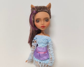 Doll Clothes Outfit for Monster High G1/G2, Ever After High ~Blue Lace Dress with Purple Girdle, Monster High Fashion Set