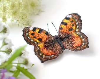 Free Motion Embroidered Butterfly, Butterfly Brooch, Textile Brooch, Small Tortoiseshell, Nature Gift, Orange, Butterfly Pin