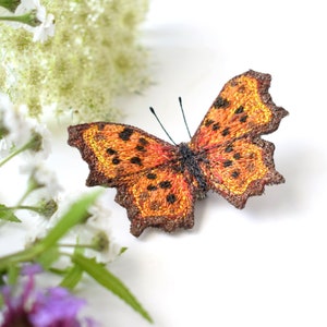 Free Motion Embroidered Butterfly, Butterfly Brooch, Textile Brooch, Comma, Nature Gift, Orange, Butterfly Pin image 1