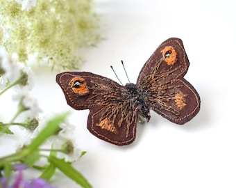 Free Motion Embroidered Butterfly, Butterfly Brooch, Textile Brooch, Meadow Brown, Nature Gift, Brown, Butterfly Pin