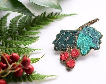 Hawthorn Brooch, Textile Brooch, Festive Foliage, Free Motion Embroidery, Fabric Appliqué, Recycled Fabric, Nature Gift.