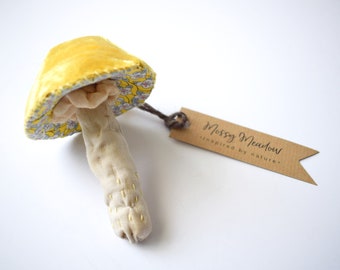 Fabric Mushroom Bag Charm, Large Bag Charm, Textile Mushroom, Yellow Velvet, Fungi, Toadstool, Woodland Gift, Liberty Fabric, Goblincore