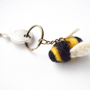Needle Felted and Hand Embroidered Bumble Bee, Bumble Bee Keyring, Bee Key Chain, Little Bee, Wool Charm, Nature Gift image 1