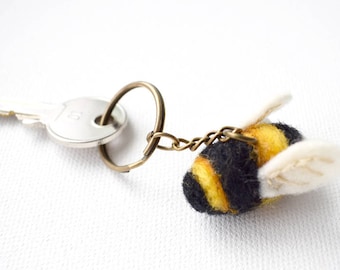 Needle Felted and Hand Embroidered Bumble Bee, Bumble Bee Keyring, Bee Key Chain, Little Bee, Wool Charm, Nature Gift