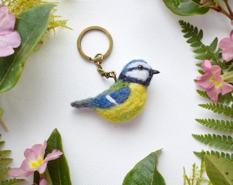 Needle Felted Bird, Blue Tit Keyring, Blue Tit, Bird Key Chain, British Birds, Wool Charm, Nature Gift