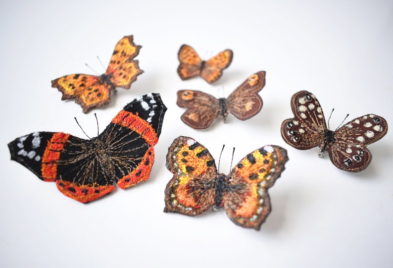 Free Motion Embroidered Butterfly, Butterfly Brooch, Textile Brooch, Comma, Nature Gift, Orange, Butterfly Pin image 7