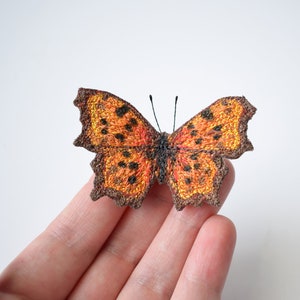 Free Motion Embroidered Butterfly, Butterfly Brooch, Textile Brooch, Comma, Nature Gift, Orange, Butterfly Pin image 3