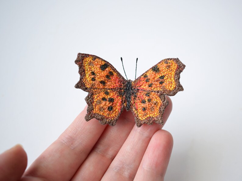 Free Motion Embroidered Butterfly, Butterfly Brooch, Textile Brooch, Comma, Nature Gift, Orange, Butterfly Pin image 3