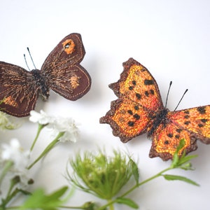 Free Motion Embroidered Butterfly, Butterfly Brooch, Textile Brooch, Comma, Nature Gift, Orange, Butterfly Pin image 6