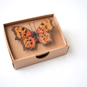 Free Motion Embroidered Butterfly, Butterfly Brooch, Textile Brooch, Comma, Nature Gift, Orange, Butterfly Pin image 5