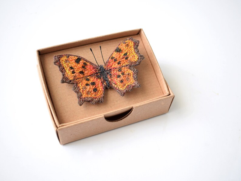 Free Motion Embroidered Butterfly, Butterfly Brooch, Textile Brooch, Comma, Nature Gift, Orange, Butterfly Pin image 5
