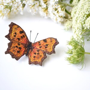 Free Motion Embroidered Butterfly, Butterfly Brooch, Textile Brooch, Comma, Nature Gift, Orange, Butterfly Pin image 4