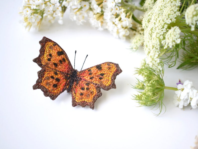 Free Motion Embroidered Butterfly, Butterfly Brooch, Textile Brooch, Comma, Nature Gift, Orange, Butterfly Pin image 4