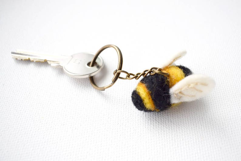 Needle Felted and Hand Embroidered Bumble Bee, Bumble Bee Keyring, Bee Key Chain, Little Bee, Wool Charm, Nature Gift image 1